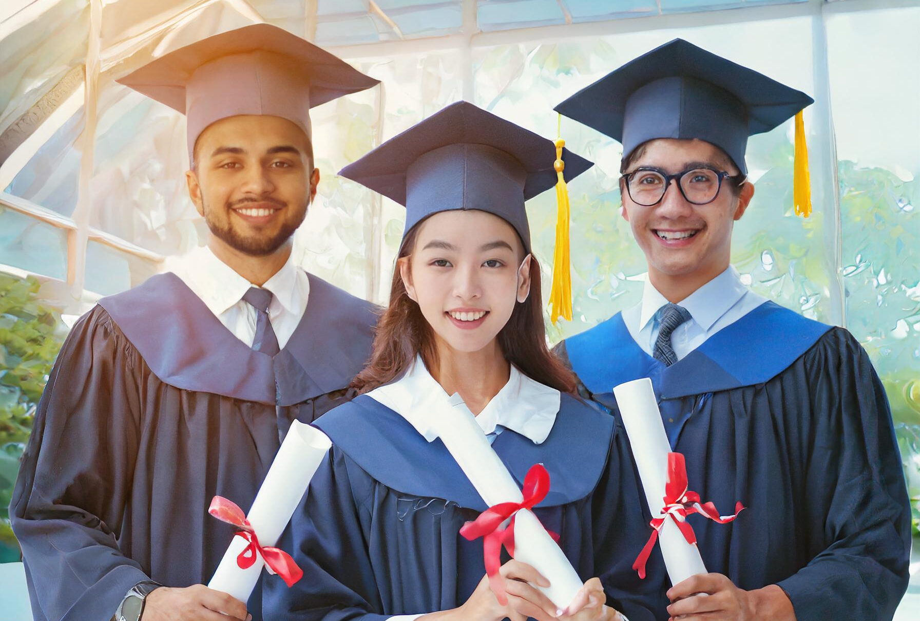 Firefly A group of excited students in graduation gowns holding diplomas, with a science lab in the